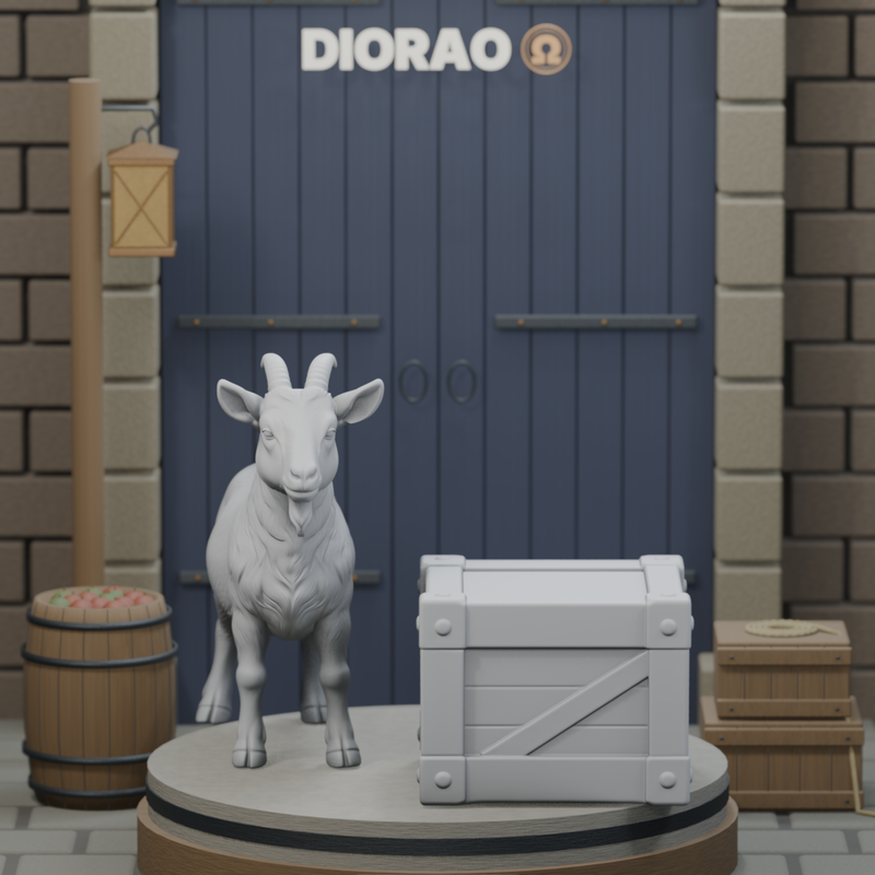 Goat Beside Crate — actual STL on DIORAO display stage, enlarged framing; stage not included.