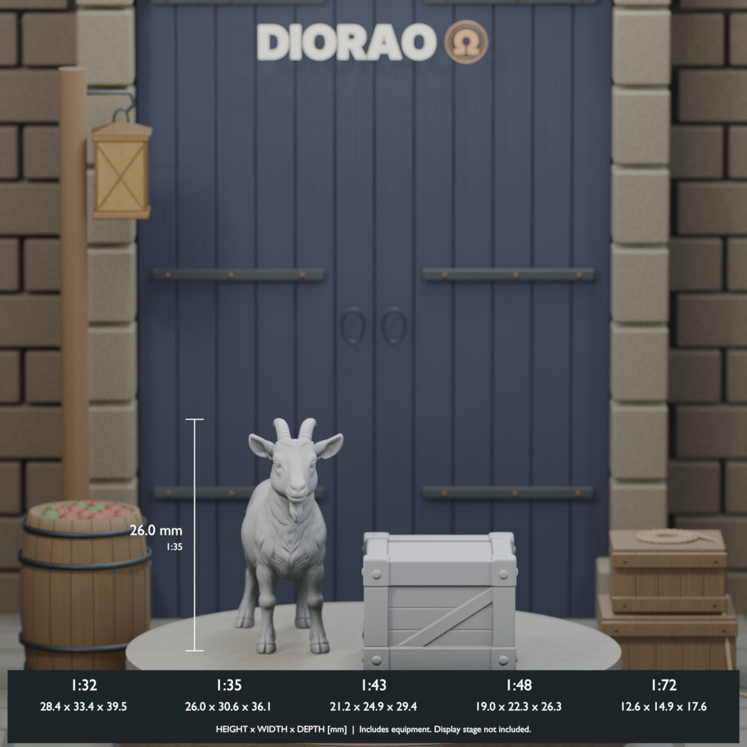 Goat Beside Crate - actual STL dimensions in all five scales, height x width x depth in millimetres. Scenery not included.