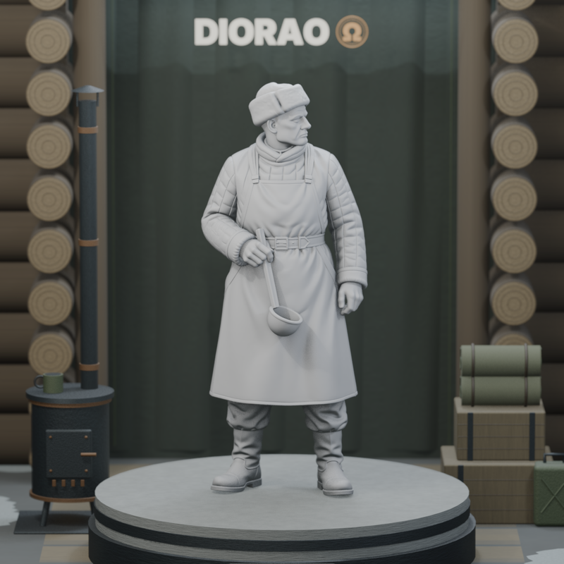 Camp Cook Holding Ladle — actual STL on DIORAO display stage, enlarged framing; stage not included.