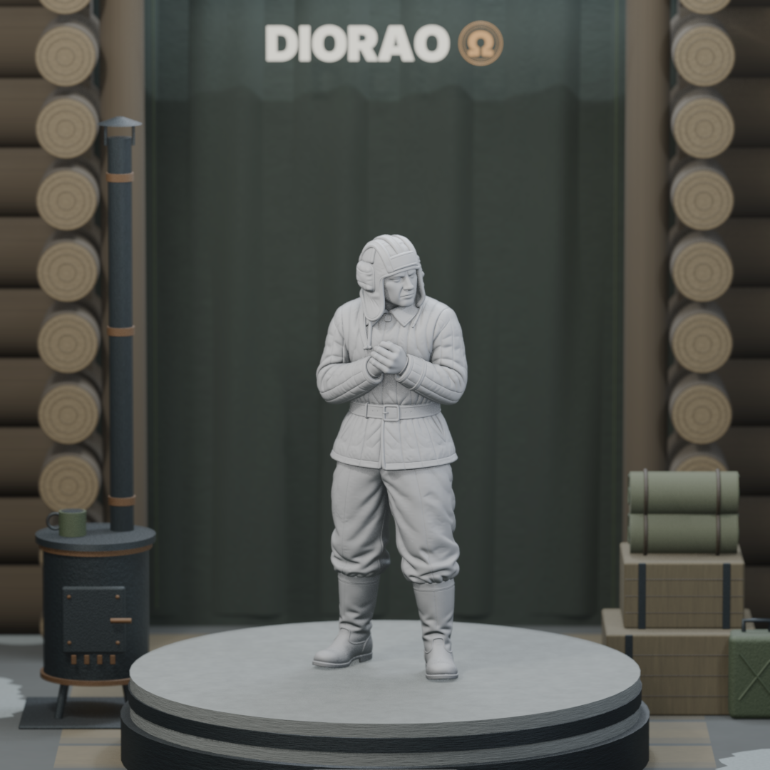 Tank Crewman Warming Hands — actual STL on the DIORAO display stage, consistent physical scale. Scenery not included.
