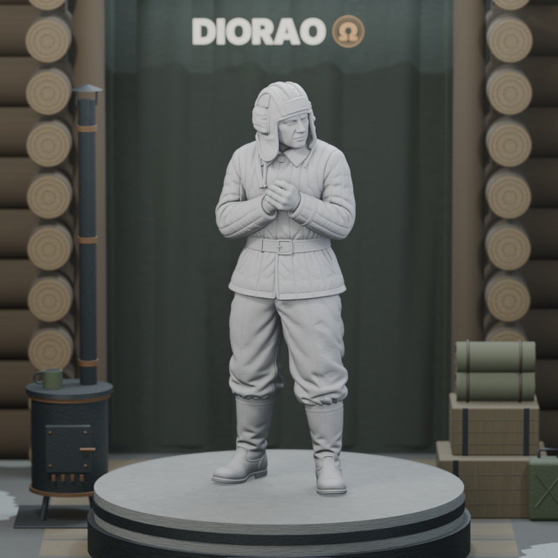 Tank Crewman Warming Hands — actual STL on DIORAO display stage, enlarged framing; stage not included.