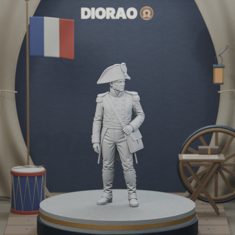 Artillery Officer With Map Case — actual STL on the DIORAO display stage, consistent physical scale. Scenery not included.