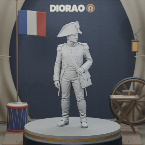 Artillery Officer With Map Case — actual STL on DIORAO display stage, enlarged framing; stage not included.