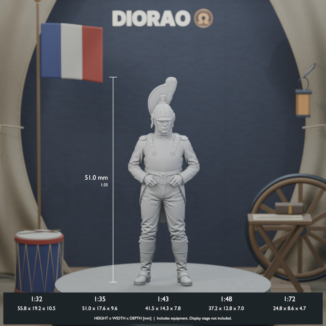 Cuirassier Trooper In Breastplate — actual STL dimensions in all five scales, height x width x depth in millimetres. Scenery not included.