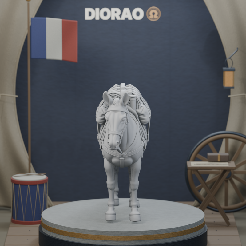 Pack Mule With Campaign Saddle — actual STL on DIORAO display stage, enlarged framing; stage not included.