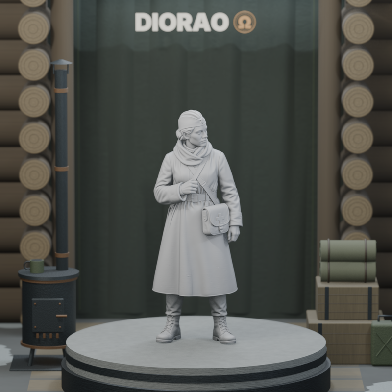 Field Medic With Satchel — actual STL on the DIORAO display stage, consistent physical scale. Scenery not included.