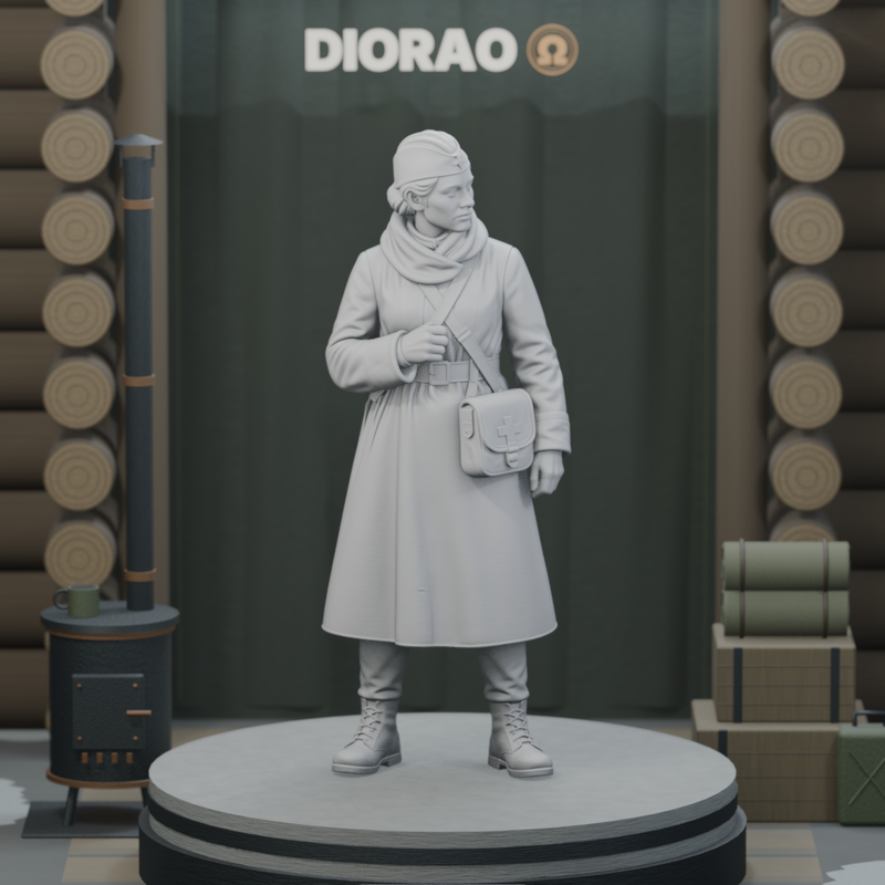 Field Medic With Satchel — actual STL on DIORAO display stage, enlarged framing; stage not included.