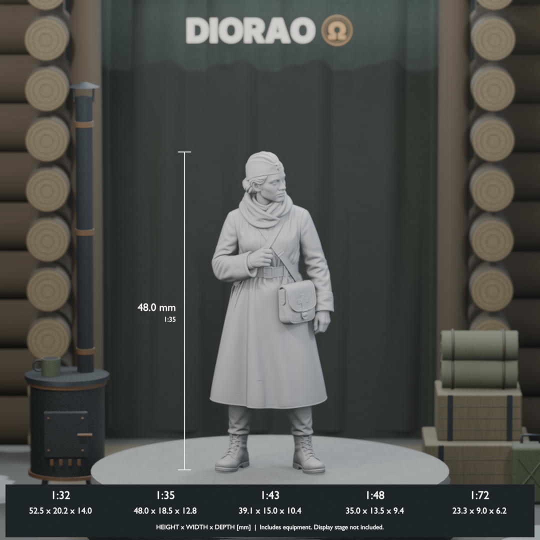 Field Medic With Satchel — actual STL dimensions in all five scales, height x width x depth in millimetres. Scenery not included.