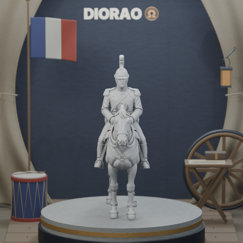 Mounted Dragoon On Horse — actual STL with adjusted presentation framing. Display stage not included.