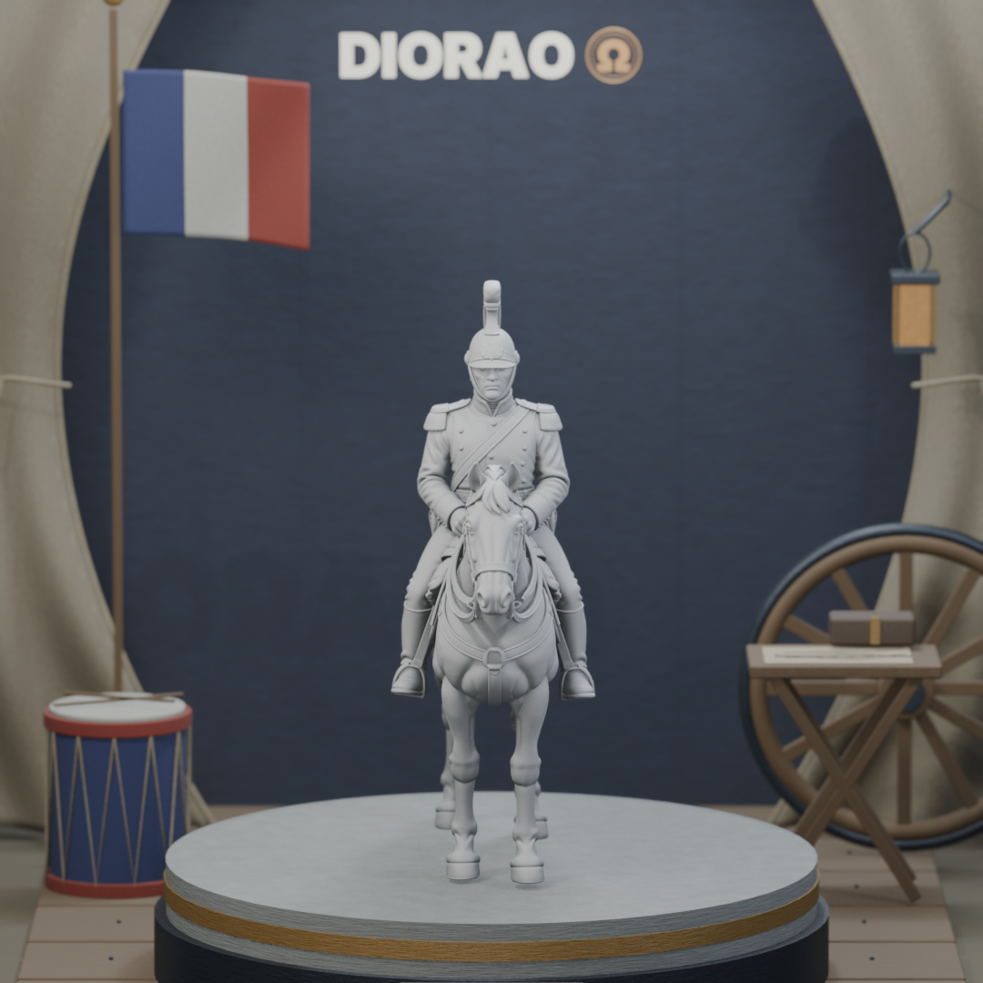 Mounted Dragoon On Horse — actual STL on the DIORAO display stage, consistent physical scale. Scenery not included.