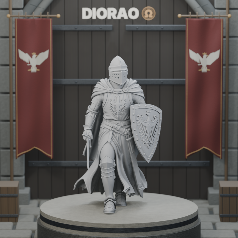 Polish Crown Knight Advancing — actual STL on the DIORAO Grunwald stage, consistent physical display scale. Scenery not included.