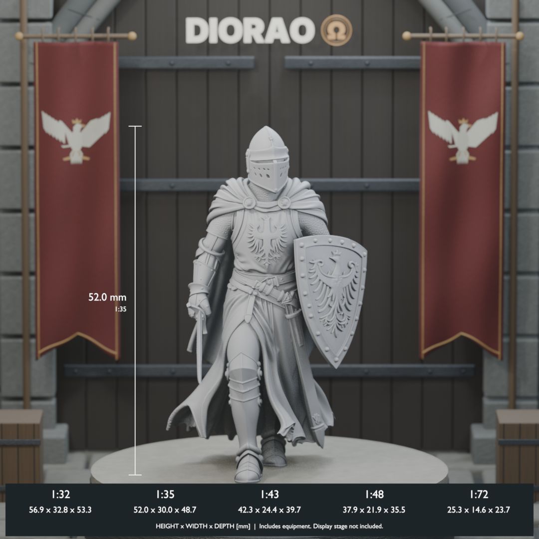 Polish Crown Knight Advancing — all five scales, height x width x depth in millimetres. Scenery not included.