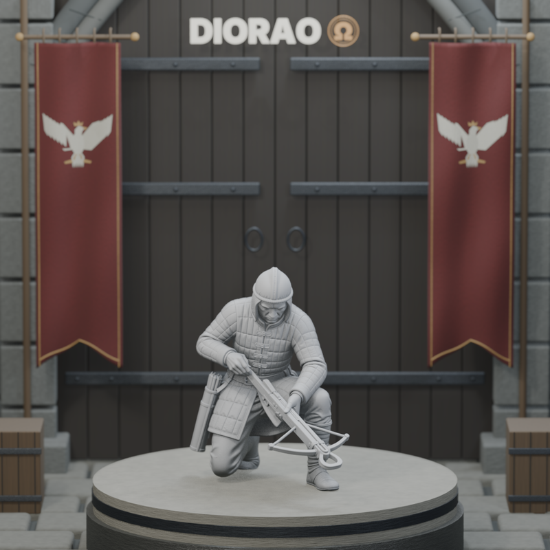 Kneeling Crossbowman Loading — actual STL on the DIORAO stage, consistent physical display scale. Scenery not included.