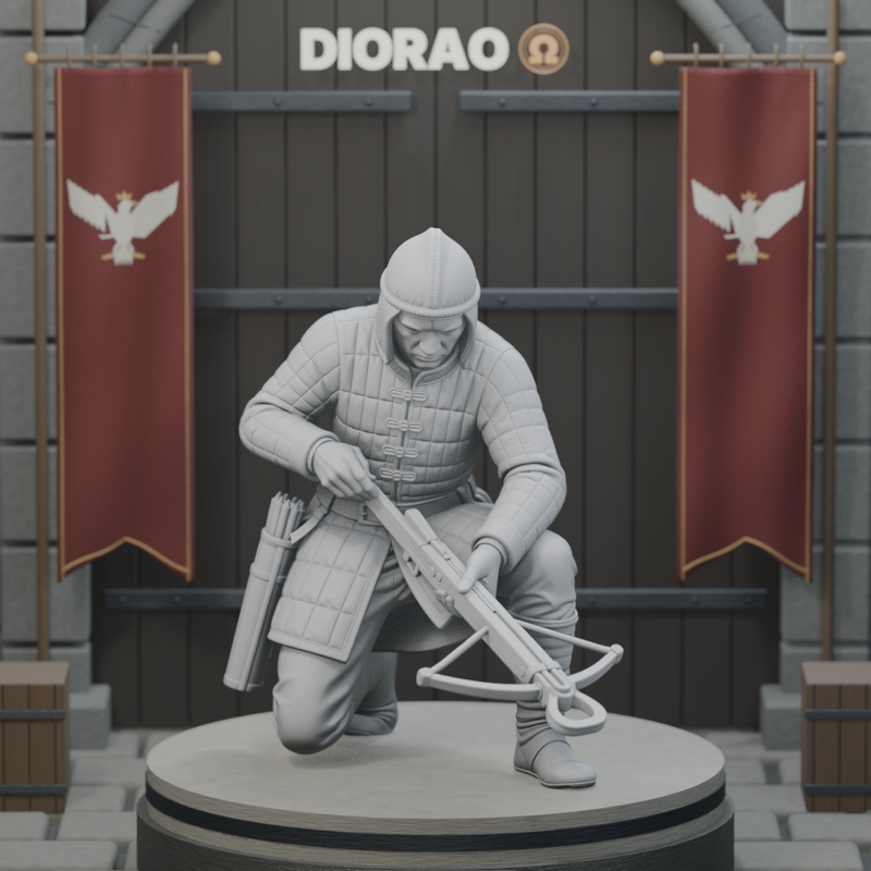 Kneeling Crossbowman Loading — actual STL on DIORAO display stage, enlarged framing; stage not included.