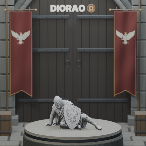 Fallen Shield Bearer — actual STL on the DIORAO display stage, consistent physical scale. Scenery not included.