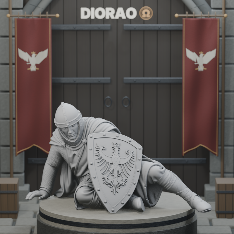 Fallen Shield Bearer — actual STL on DIORAO display stage, enlarged framing; stage not included.