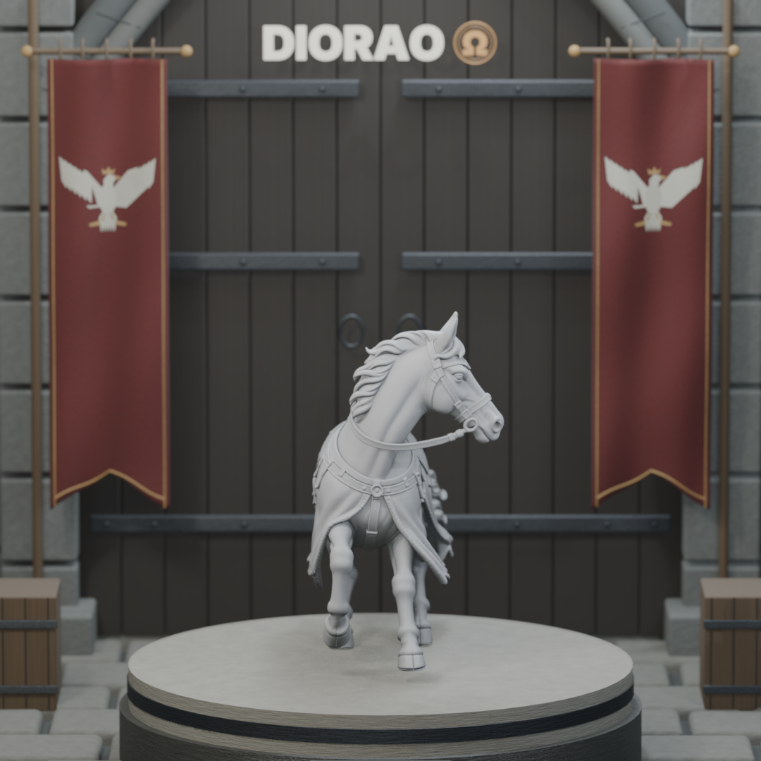 Loose Warhorse Reeling — actual STL on the DIORAO display stage, consistent physical scale. Scenery not included.