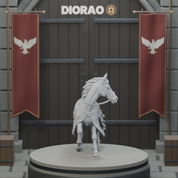 Loose Warhorse Reeling — actual STL on the DIORAO display stage, consistent physical scale. Scenery not included.