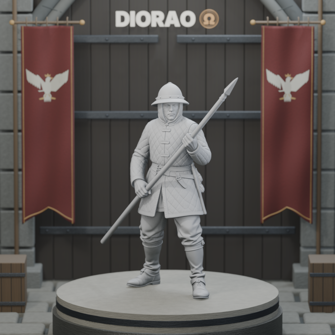 Bohemian Pike Infantryman — actual STL on the DIORAO display stage, consistent physical scale. Scenery not included.