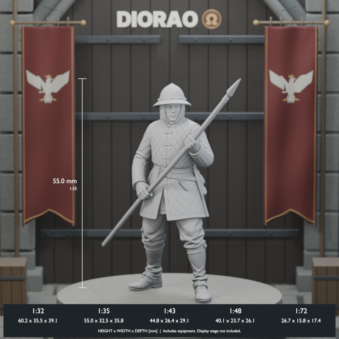 Bohemian Pike Infantryman — actual STL dimensions in all five scales, height x width x depth in millimetres. Scenery not included.