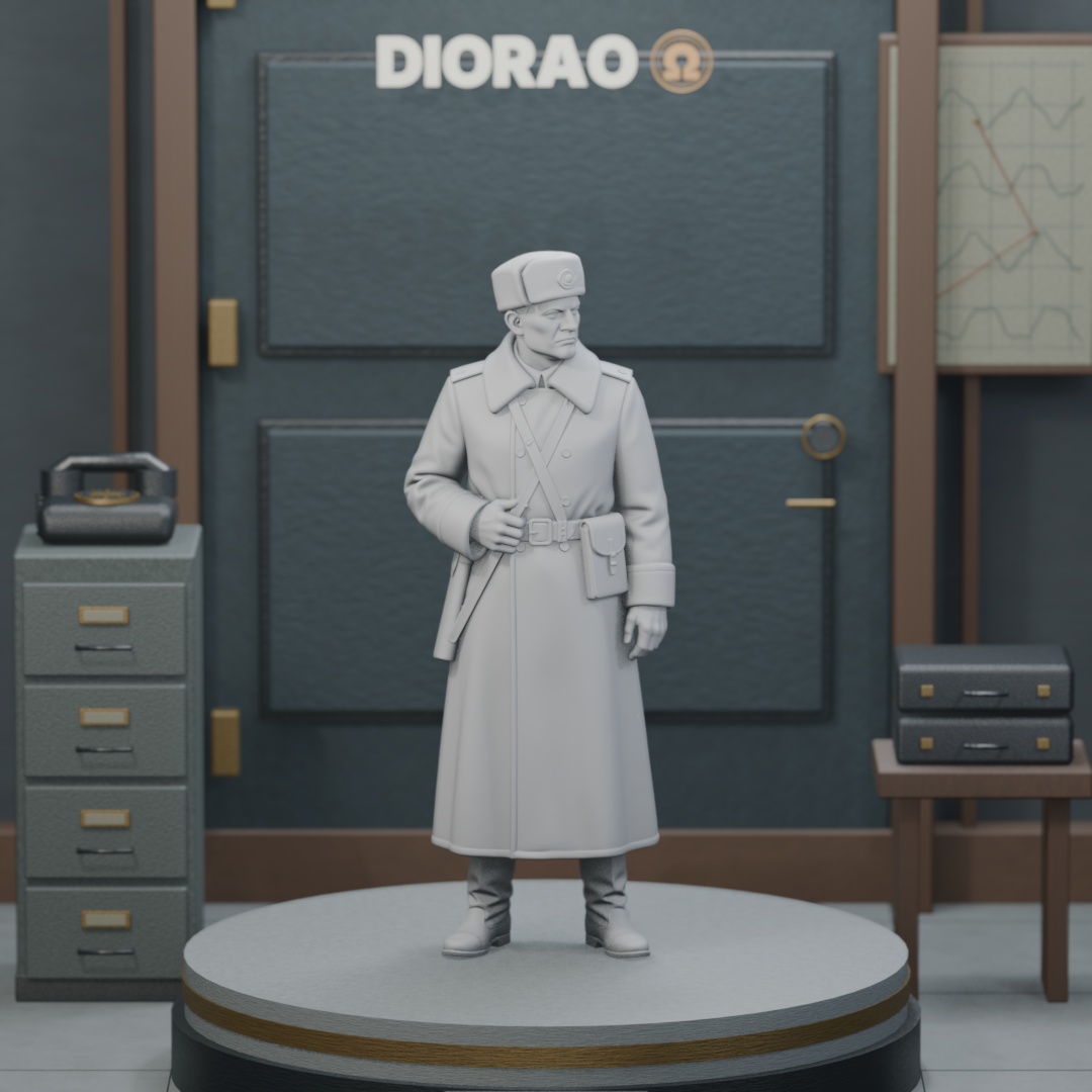 Border Guard Sentry In Greatcoat - actual STL on the DIORAO display stage, consistent physical scale. Scenery not included.