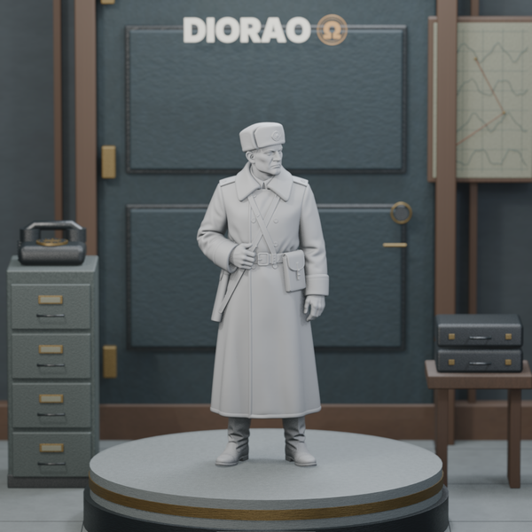 Border Guard Sentry In Greatcoat - actual STL on the DIORAO display stage, consistent physical scale. Scenery not included.