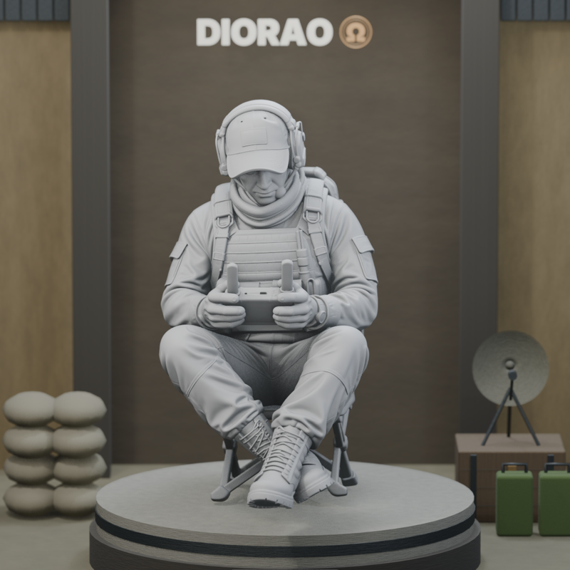 Seated Drone Controller — actual STL on DIORAO display stage, enlarged framing; stage not included.