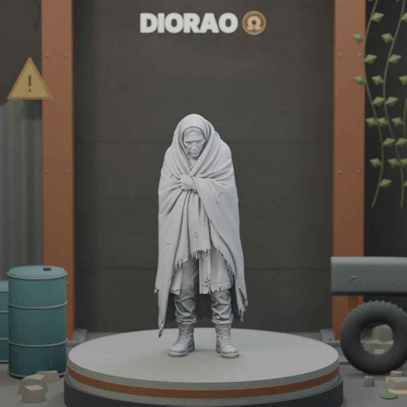 Blanket Wrapped Refugee - actual STL on the DIORAO display stage, consistent physical scale. Scenery not included.