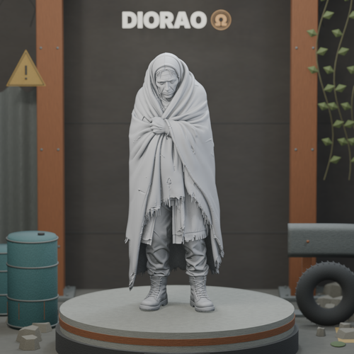 Blanket Wrapped Refugee — actual STL on DIORAO display stage, enlarged framing; stage not included.
