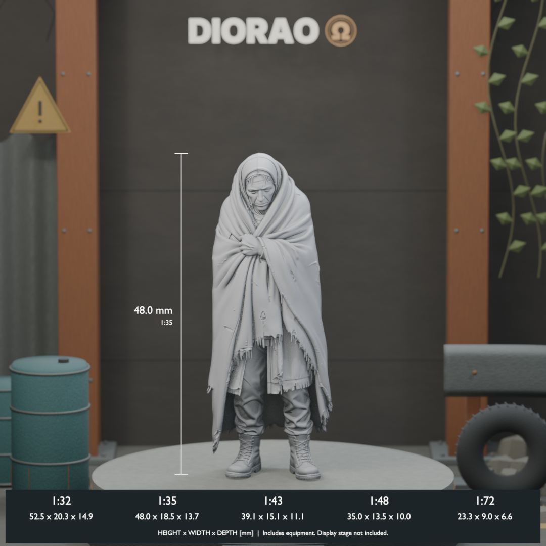 Blanket Wrapped Refugee - actual STL dimensions in all five scales, height x width x depth in millimetres. Scenery not included.