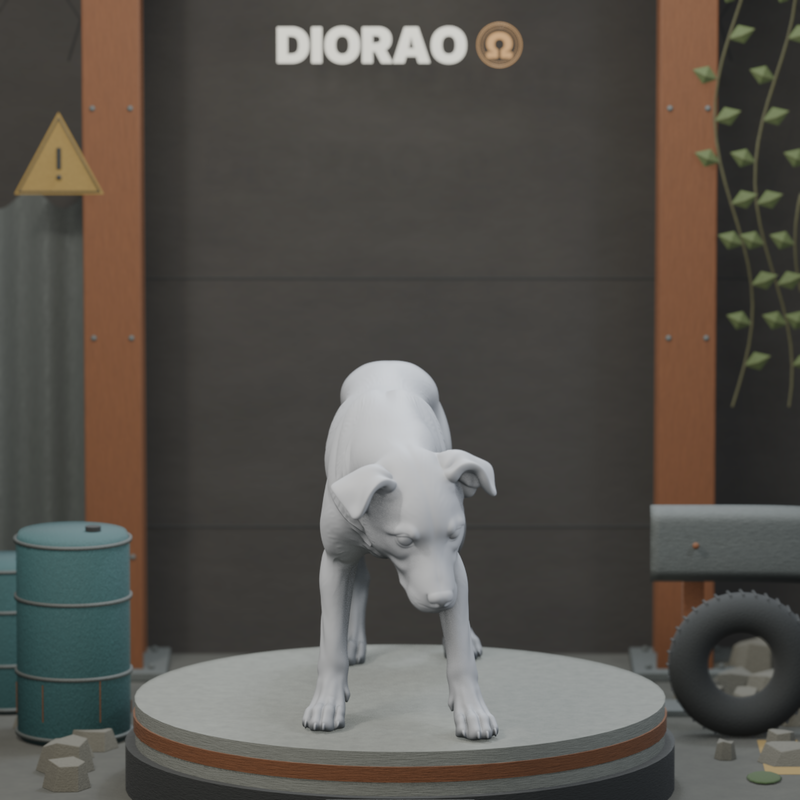 Scavenger Dog — actual STL on DIORAO display stage, enlarged framing; stage not included.