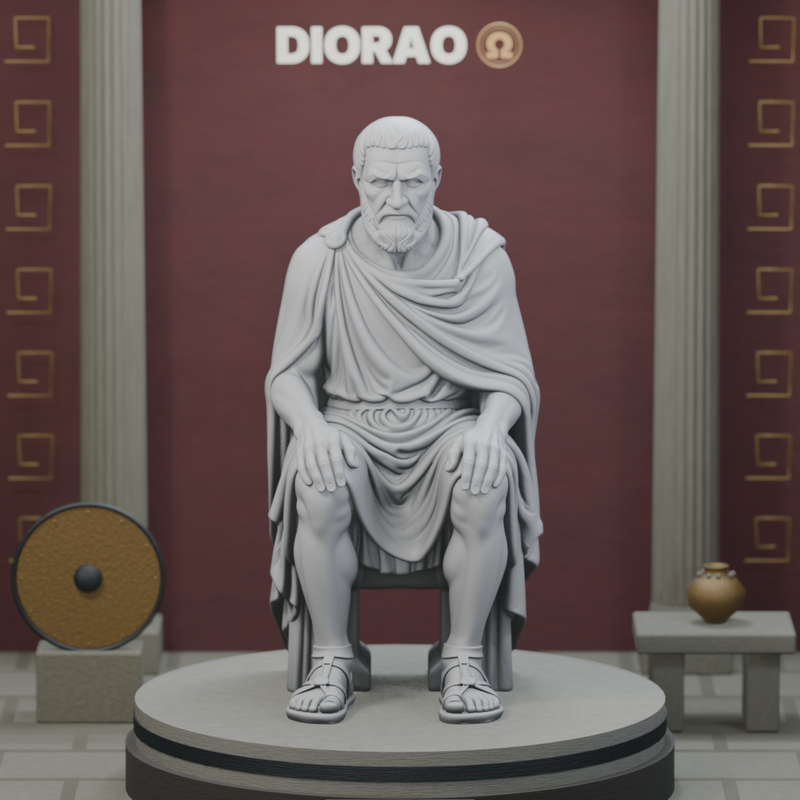 Gerousia Elder Seated — actual STL on DIORAO display stage, enlarged framing; stage not included.