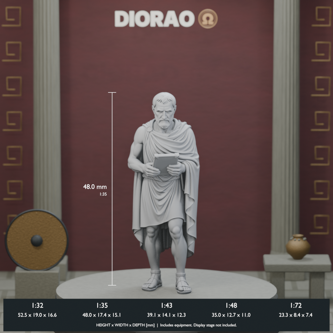 Ephor With Wax Tablet — actual STL dimensions in all five scales, height x width x depth in millimetres. Scenery not included.
