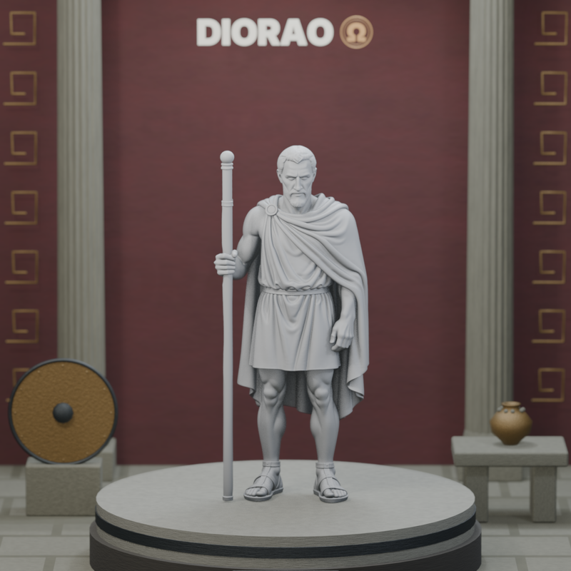 Spartan Herald With Staff — actual STL on the DIORAO display stage, consistent physical scale. Scenery not included.