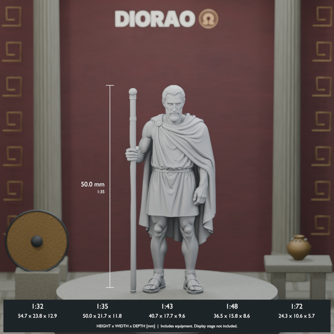 Spartan Herald With Staff — actual STL dimensions in all five scales, height x width x depth in millimetres. Scenery not included.