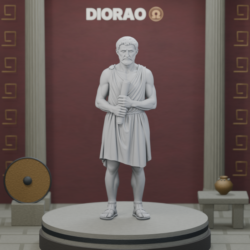 Perioikoi Petition Bearer — actual STL on DIORAO display stage, enlarged framing; stage not included.