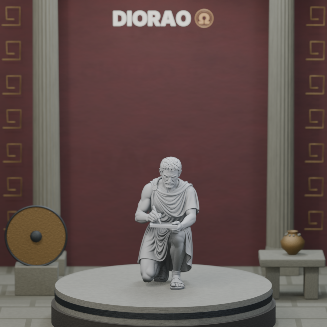 Council Scribe Kneeling — actual STL on the DIORAO display stage, consistent physical scale. Scenery not included.