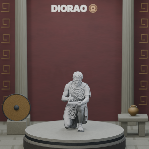 Council Scribe Kneeling — actual STL on the DIORAO display stage, consistent physical scale. Scenery not included.