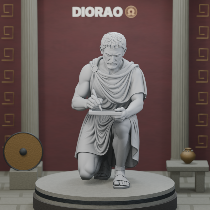 Council Scribe Kneeling — actual STL on DIORAO display stage, enlarged framing; stage not included.
