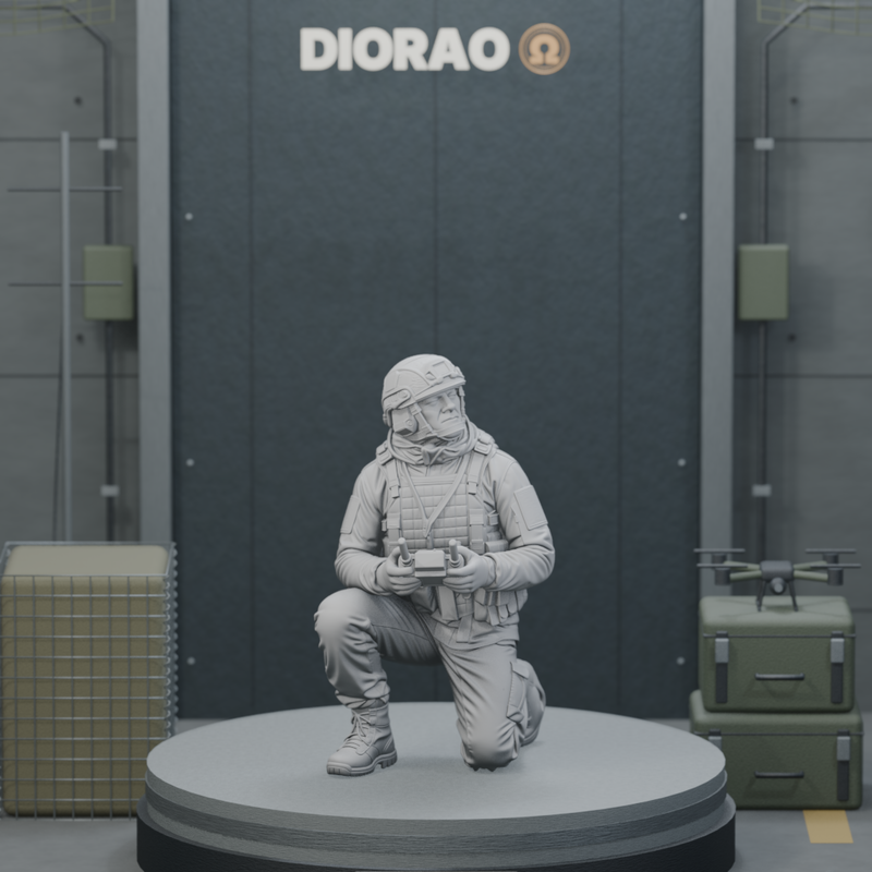 FPV Drone Operator Kneeling — actual STL on the DIORAO display stage, consistent physical scale. Scenery not included.