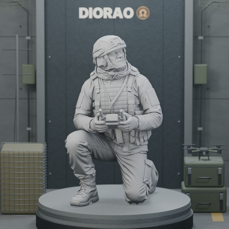 FPV Drone Operator Kneeling — actual STL on DIORAO display stage, enlarged framing; stage not included.