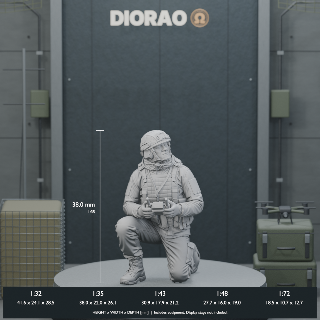 FPV Drone Operator Kneeling — actual STL dimensions in all five scales, height x width x depth in millimetres. Scenery not included.
