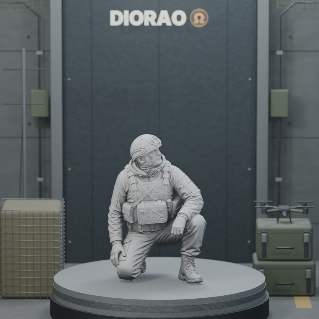 Medic Under Drone Netting — actual STL on the DIORAO display stage, consistent physical scale. Scenery not included.