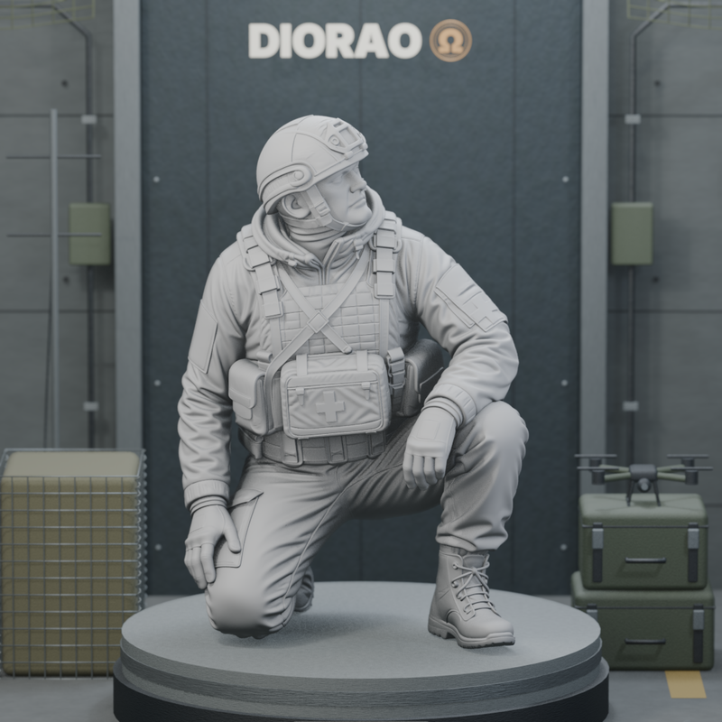 Medic Under Drone Netting — actual STL on DIORAO display stage, enlarged framing; stage not included.