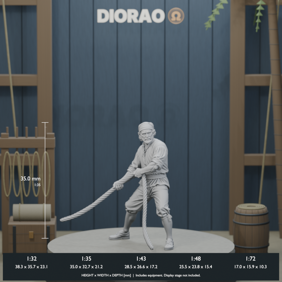 Spanish Sailor Hauling Rope - actual STL dimensions in all five scales, height x width x depth in millimetres. Scenery not included.