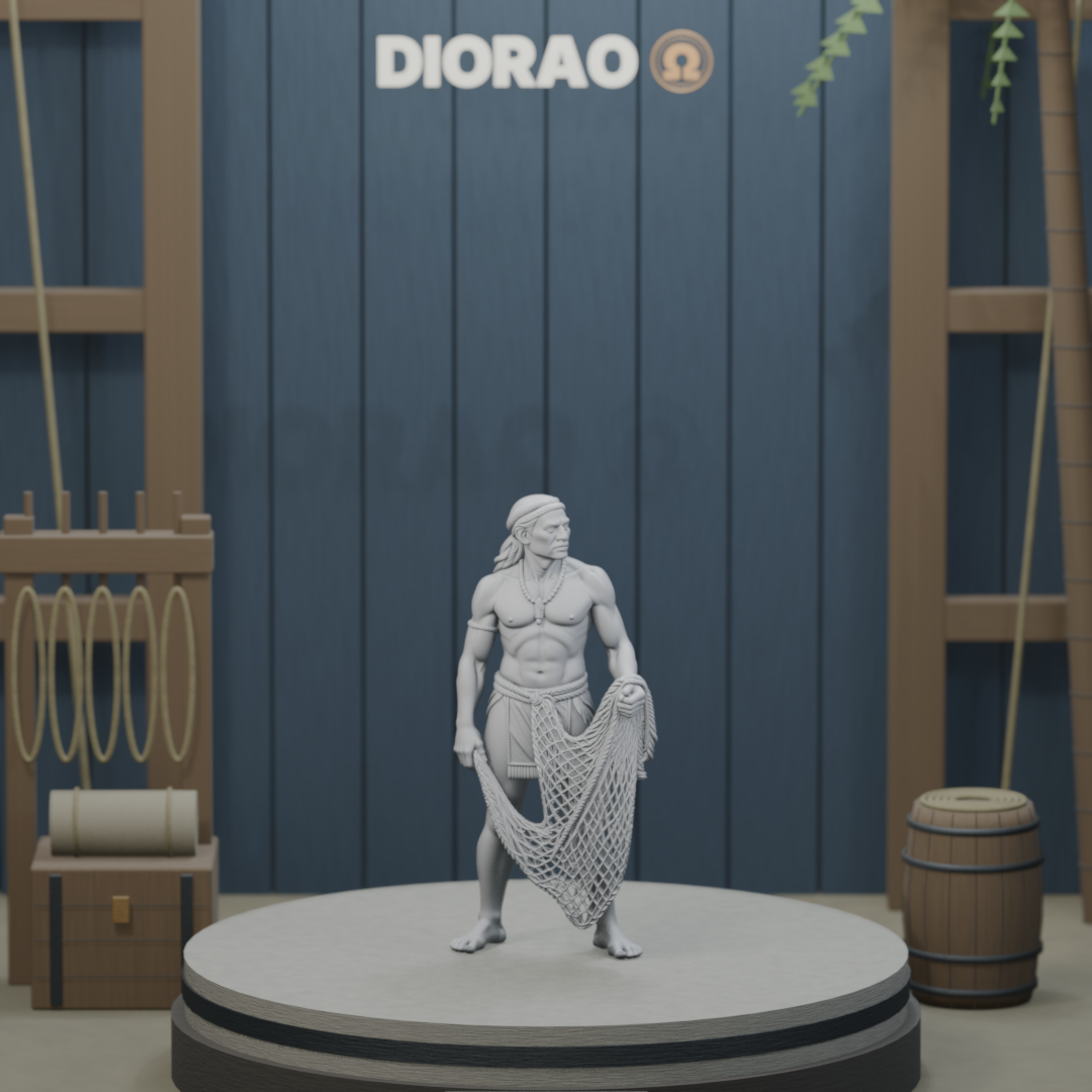 Taíno Fisher With Net - actual STL on the DIORAO display stage, consistent physical scale. Scenery not included.