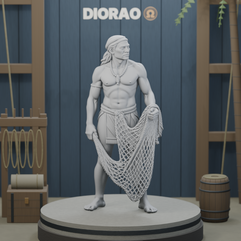 Taíno Fisher With Net — actual STL on DIORAO display stage, enlarged framing; stage not included.
