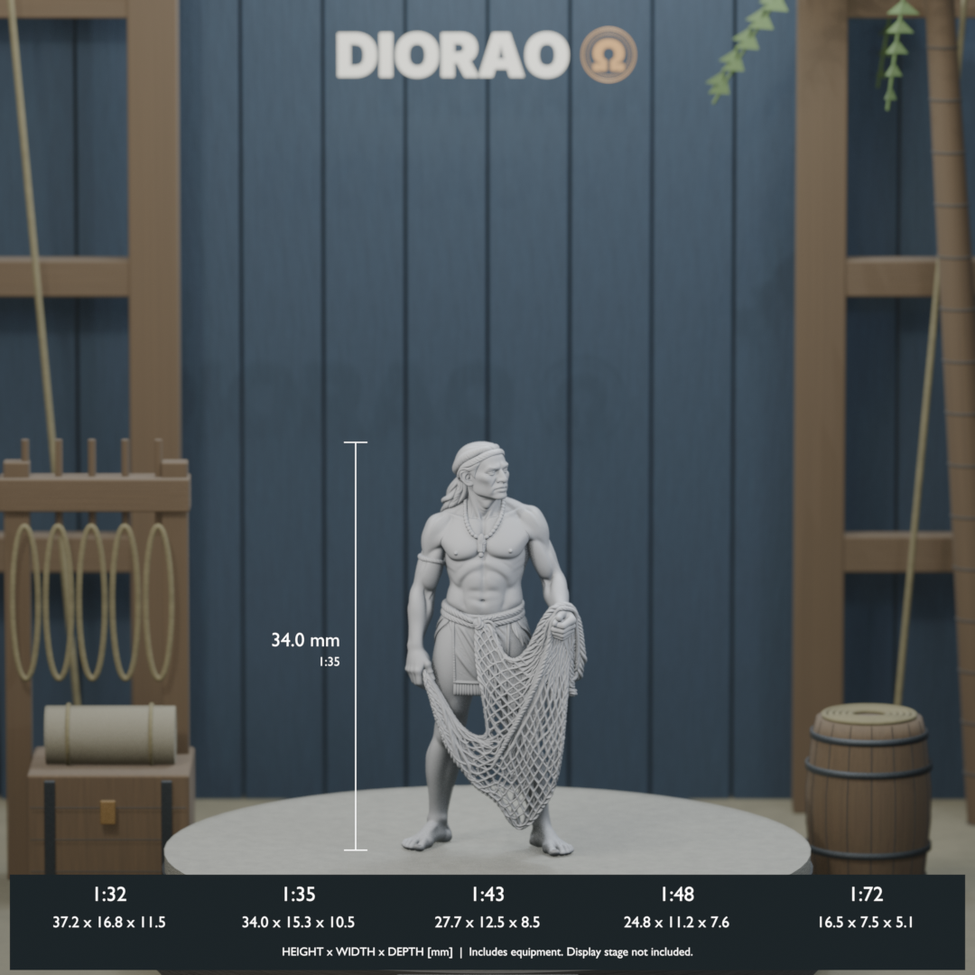 Taíno Fisher With Net - actual STL dimensions in all five scales, height x width x depth in millimetres. Scenery not included.