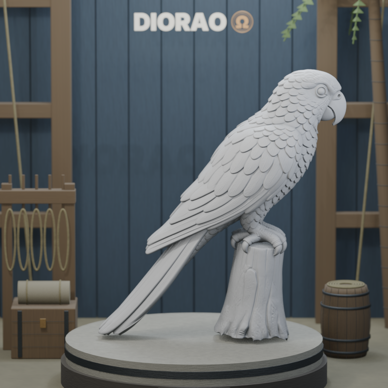 Shore Parrot Perched — actual STL on DIORAO display stage, enlarged framing; stage not included.