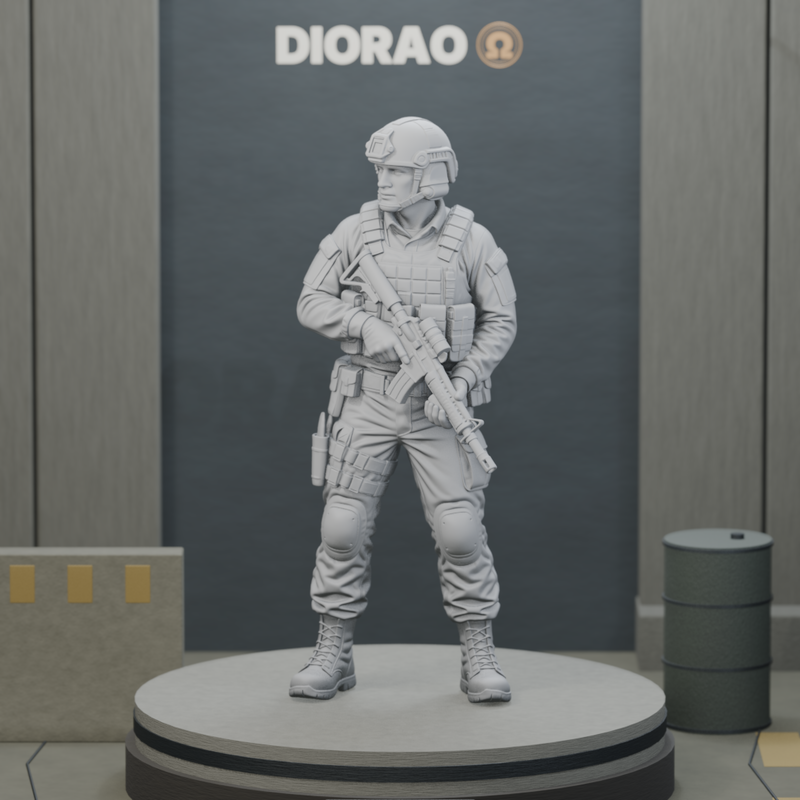 Rifleman At Low Ready — actual STL on DIORAO display stage, enlarged framing; stage not included.
